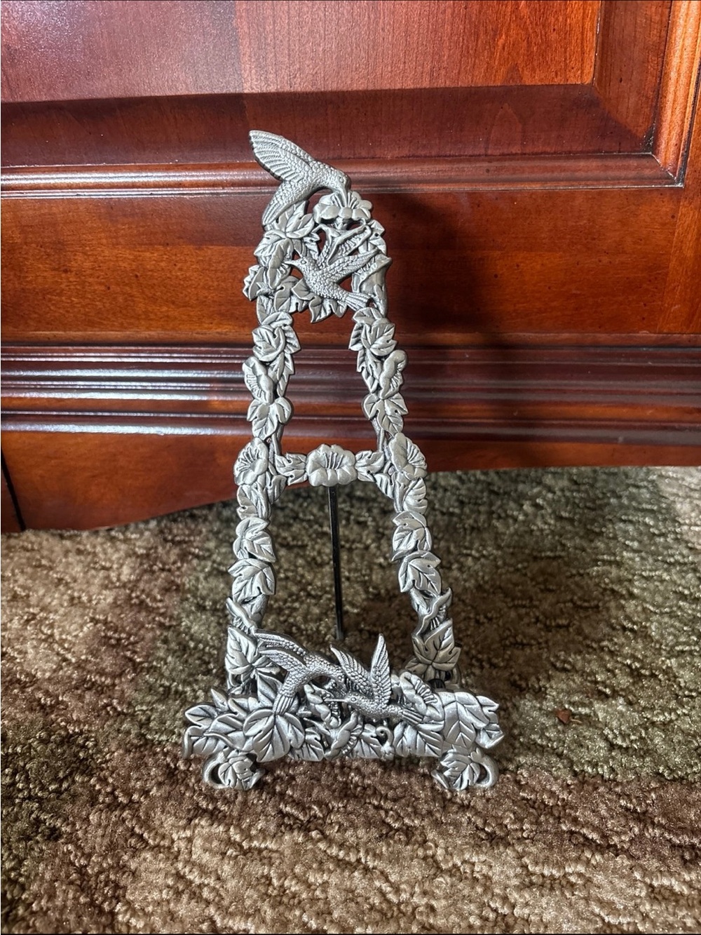 Ornate Pewter Bird & Floral Decorative Easel Stand